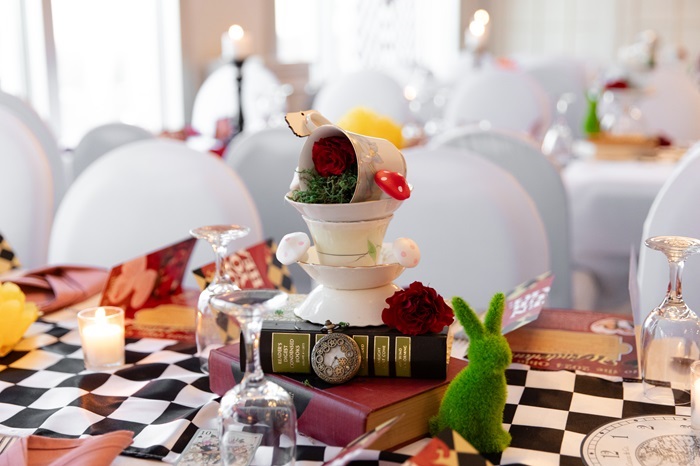 Close up of teacup and books centerpiece