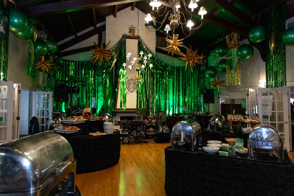 Photo of band setup and food buffet area.